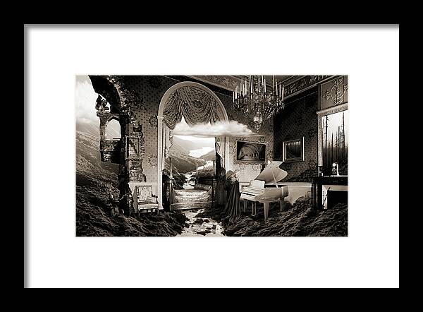 Music Instrument Piano Landscape Interior Classic Gothic Figure Walls Arch Framed Print featuring the digital art Haunting Goth or Conception of Gothic music lyrics by George Grie