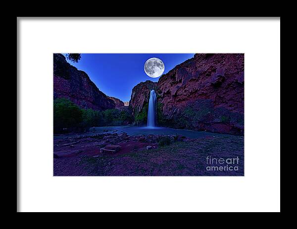 Havasu Falls Framed Print featuring the photograph Havasu Falls with Raising Moon by Amazing Action Photo Video