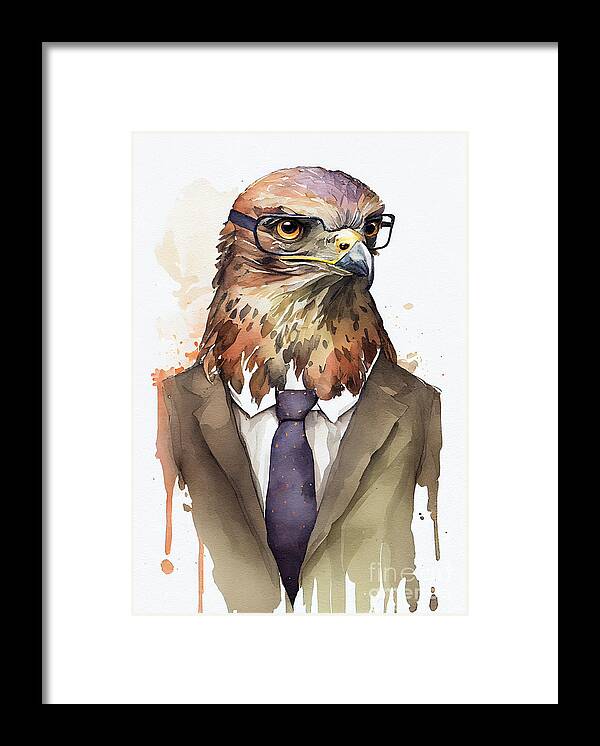 Hawk Framed Print featuring the painting Hawk in Suit Watercolor Hipster Animal Retro Costume by Jeff Creation