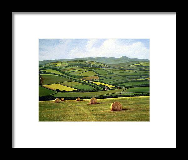 Landscape Framed Print featuring the painting Hay Bales, Cornwall England by George Lightfoot