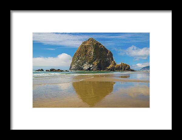 Beach Framed Print featuring the photograph Haystack Rock Reflection by Matthew DeGrushe