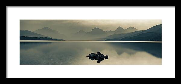 Glacier Park Framed Print featuring the photograph Hazy Mountain Landscape Panorama Over Lake McDonald In Sepia by Gregory Ballos