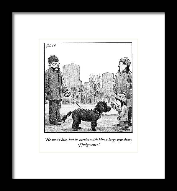he Won't Bite Framed Print featuring the drawing He Won't Bite by Harry Bliss