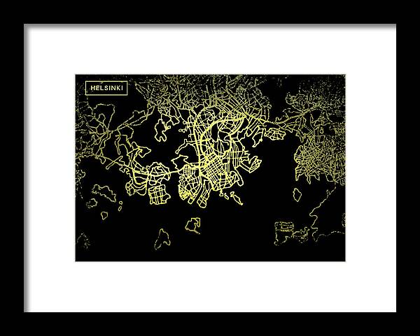 Map Framed Print featuring the digital art Helsinki Map in Gold and Black by Sambel Pedes