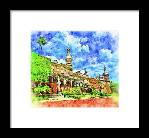 Henry B. Plant Museum Framed Print featuring the digital art Henry B. Plant Museum in Tampa, Florida - pen and watercolor by Nicko Prints