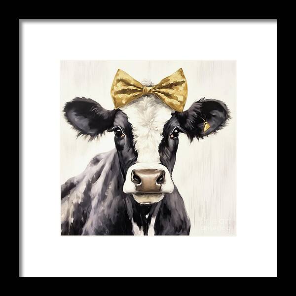 Cow Framed Print featuring the painting Her Gold Bow by Tina LeCour