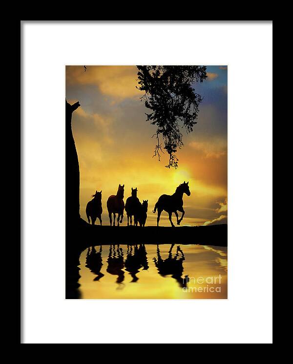 Horse Framed Print featuring the photograph Herd of Horses in Southwestern Colored Sunset Oak Tree Reflected in Pond of Water by Stephanie Laird