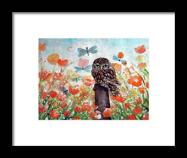 Here's Looking At You The Owl And The Dragon Flies Framed Print featuring the painting Here's Looking at YOU The Owl and the Dragonflies by Ashleigh Dyan Bayer