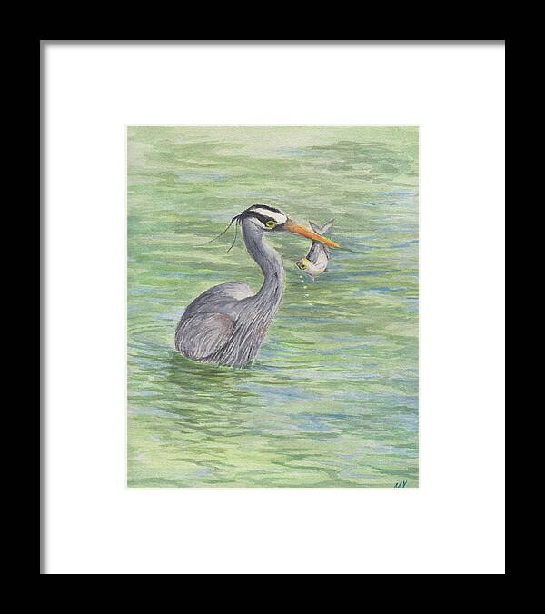 Heron Framed Print featuring the painting Heron Catching a Fish by Melodie Kantner