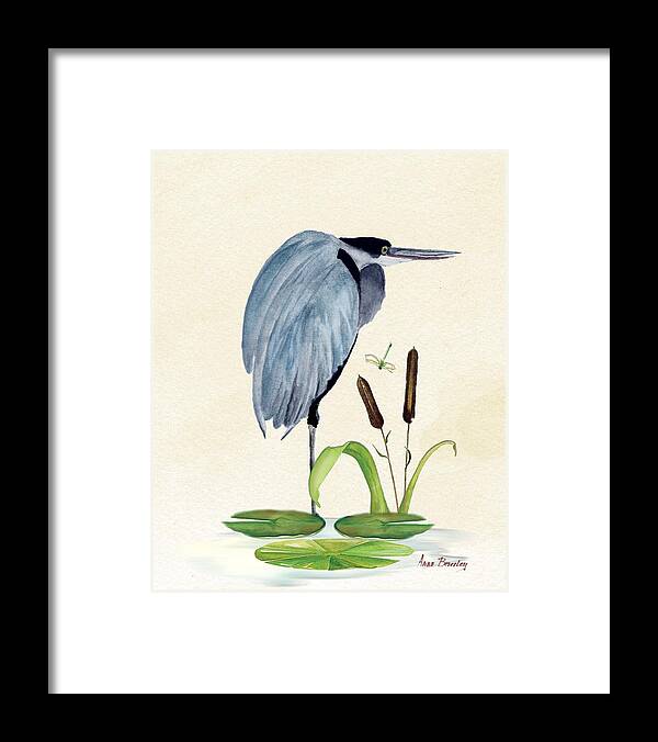 Blue Heron Framed Print featuring the painting Heron Waiting by Anne Beverley-Stamps