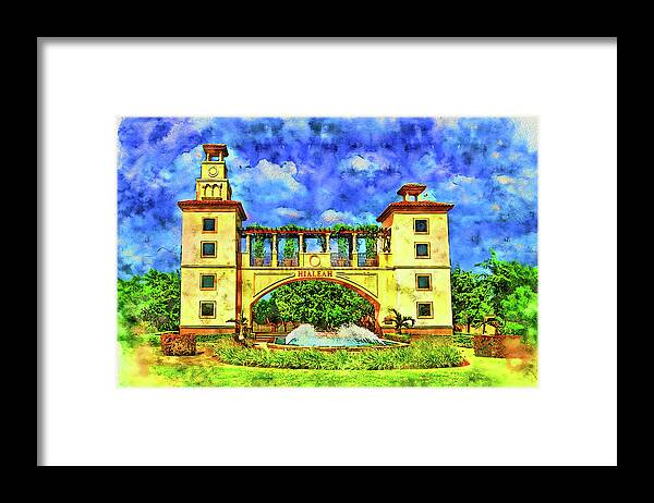 Hialeah Fountain Framed Print featuring the digital art Hialeah Fountain and Entrance Plaza Park - pen and watercolor by Nicko Prints