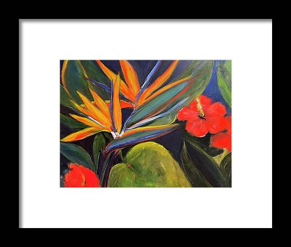 Bird Of Paradise Framed Print featuring the painting Hibiscus and Bird of Paradise by Denice Palanuk Wilson