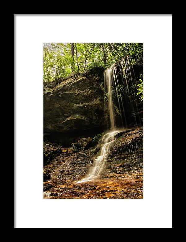 Hidden Falls Framed Print featuring the photograph Hidden Falls in Hanging Rock State Park Danbury North Carolina by Bob Decker