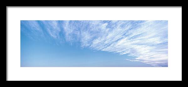 Backgrounds Baja California Sur Beauty In Nature Blue Cirrus Cloud Day Horizontal Loreto Low Angle View Mexico Nature No People Non-urban Scene Outdoors Scenics Sky Tranquil Scene Tranquility Travel Destinations Photography Color Image Framed Print featuring the photograph High altitude cirrus clouds fan out like feathers in the sky above Loreto, Baja California Sur, Mexi by Panoramic Images