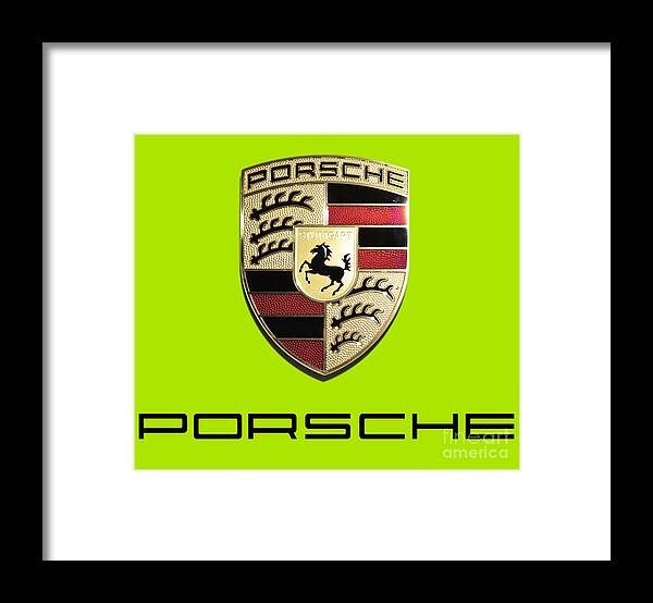 Porsche Shield Framed Print featuring the photograph High Res Quality Porsche Emblem - Logo Isolated on Colorful Background by Stefano Senise Fineart
