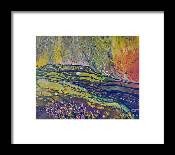 Fluid Art Framed Print featuring the painting Hills Ablaze by Deborah Nell