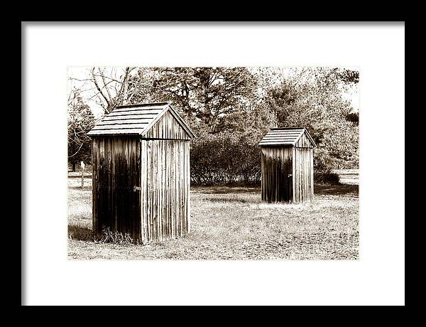 His And Hers Framed Print featuring the photograph His and Hers Vintage Outhouses at Batsto Village by John Rizzuto