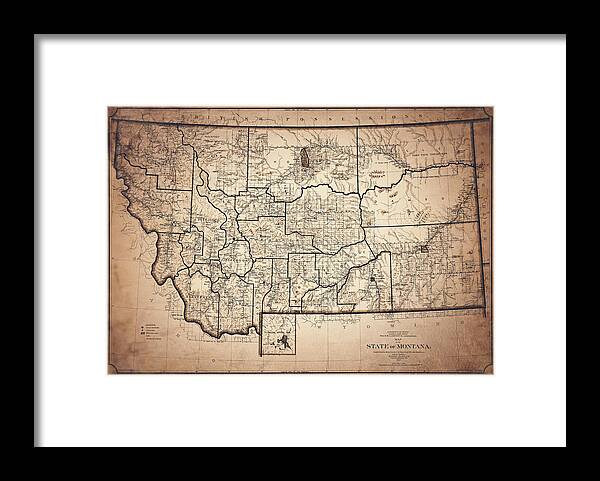Montana Framed Print featuring the photograph Historical Map State of Montana 1897 Nostalgic Sepia by Carol Japp