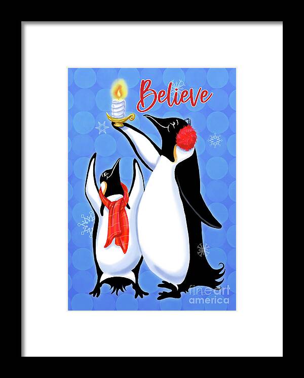 Christmas Framed Print featuring the mixed media Holiday Penguins-Believe by Shari Warren