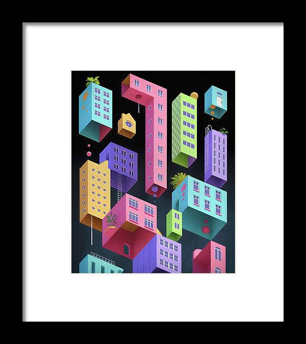 Stylized City Framed Print featuring the digital art Hollow city by Bespoke Cube