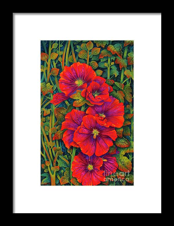 Flowers Framed Print featuring the painting Hollyhocks - 3D by Ricardo Chavez-Mendez