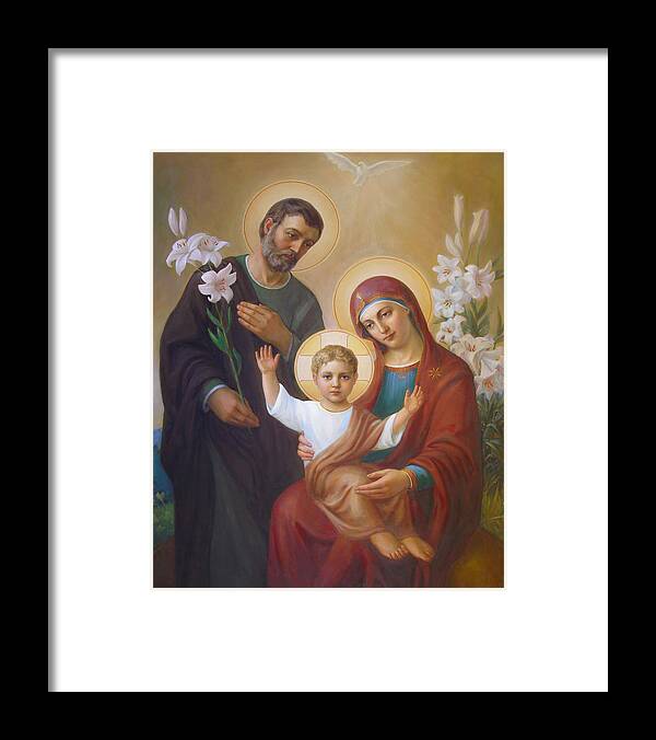 Jesus Framed Print featuring the painting Holy Family by Svitozar Nenyuk