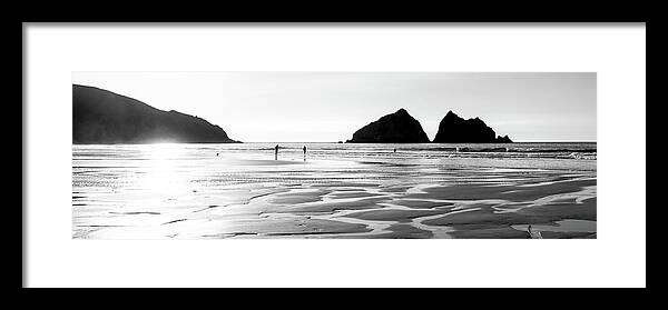 Cornwall Framed Print featuring the photograph Holywell Beach and Gull Rock Cornwall Coast black and white 2 by Sonny Ryse