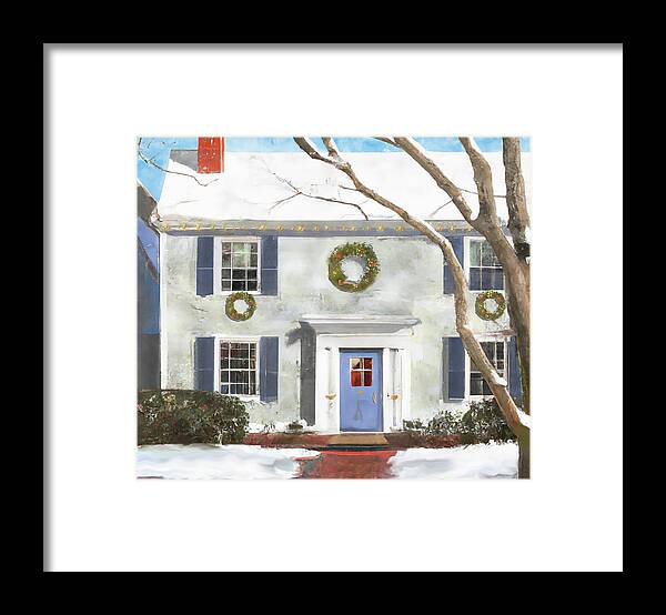 House Framed Print featuring the digital art Home for the Holidays - House with Wreaths by Alison Frank