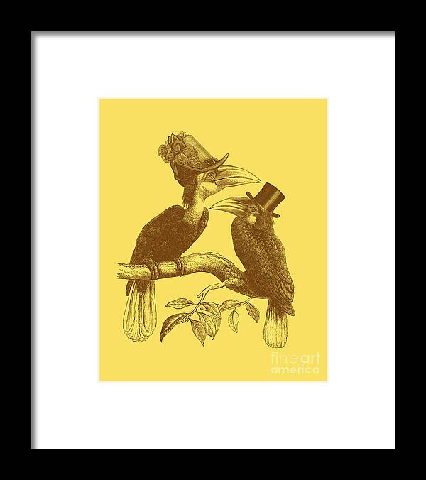 Hornbill Framed Print featuring the digital art Hornbill birds in yellow and brown by Madame Memento