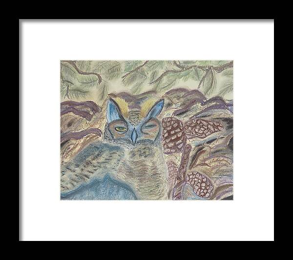 Horned Owl Framed Print featuring the pastel Horned Owl Nesting by Suzanne Berthier