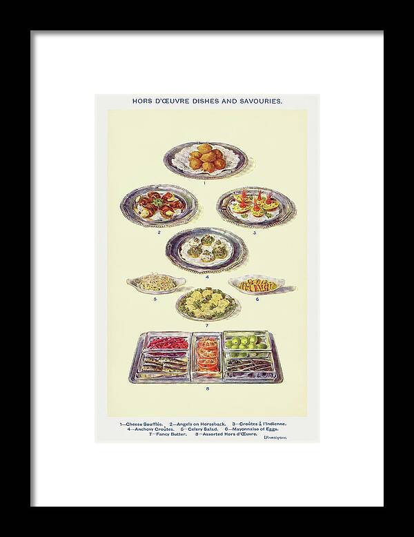 Hors D Oeuvres Dishes Framed Print featuring the drawing Hors doeuvres dishes and savouries by Mrs Beeton