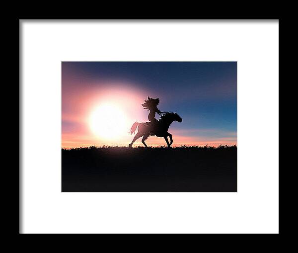 Horse Framed Print featuring the painting Horse Rider Sunset The West by Tony Rubino
