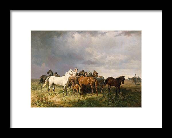 Franz Adam Framed Print featuring the painting Horses in the Puszta by Franz Adam