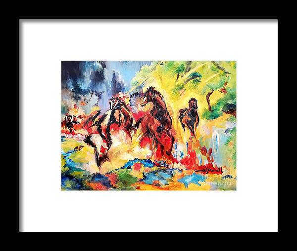 Horses Framed Print featuring the painting Horses in Thunderstorm by Carole Powell