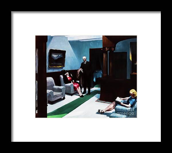 Hotel Framed Print featuring the painting Hotel Lobby 1943 by Edward Hopper