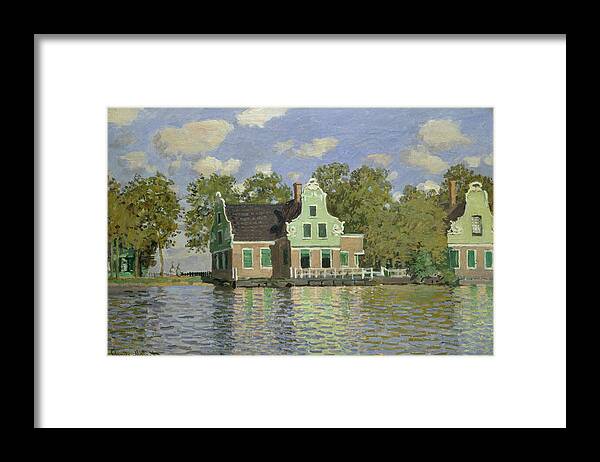 Houses Framed Print featuring the painting Houses by the Bank of the River, from 1871 by Claude Monet