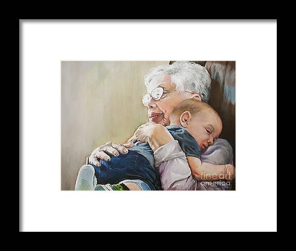 Hug Framed Print featuring the painting Hugs from Great Grandma by Merana Cadorette
