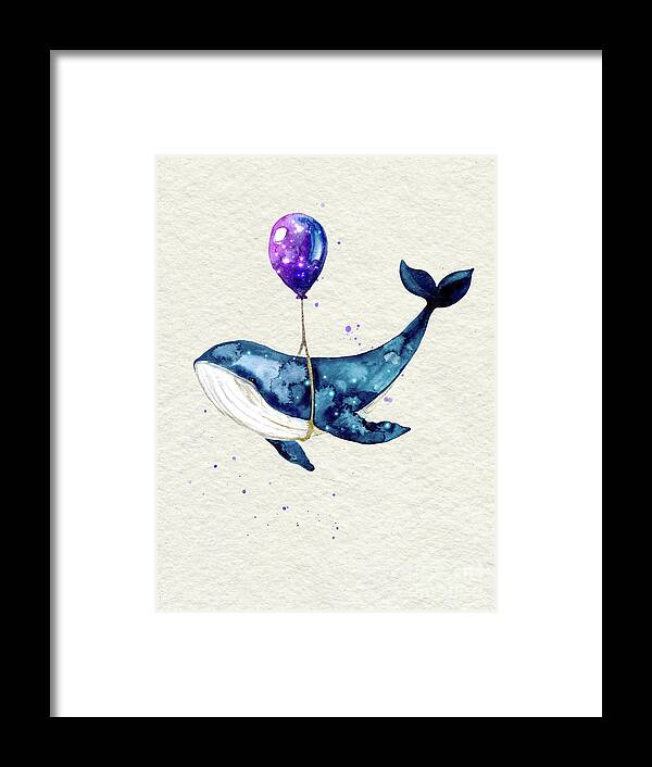 Humpback Whale Framed Print featuring the painting Humpback Whale With Purple Balloon Watercolor Painting by Garden Of Delights