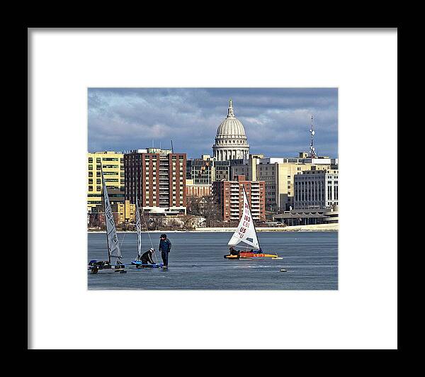 Ice Boats Framed Print featuring the photograph Ice boats and Capitol, Madison, Wisconsin 2 by Steven Ralser
