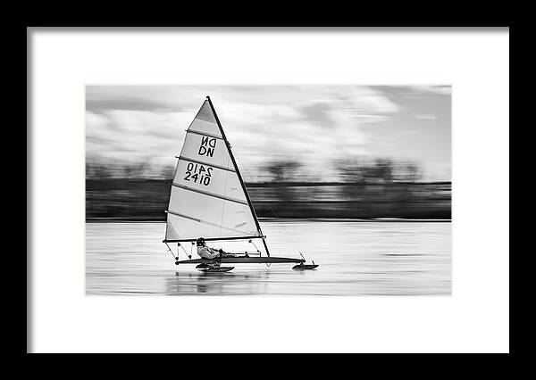 Iceboat Framed Print featuring the photograph Iceboat - black and white by Stephen Holst