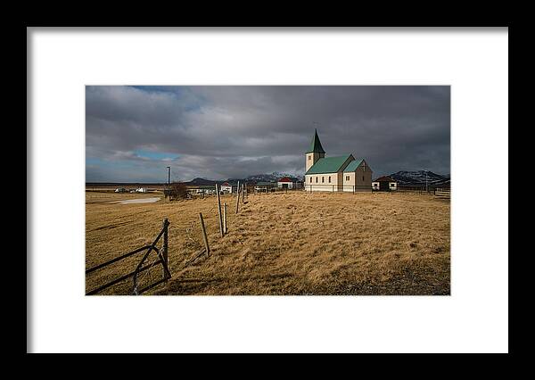 Icelandic Framed Print featuring the photograph Icelandinc landscape with traditional church in Iceland by Michalakis Ppalis