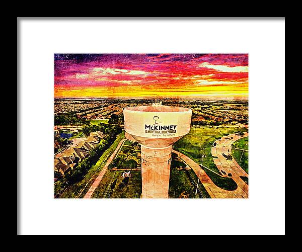 Water Tower Framed Print featuring the digital art Iconic water tower in western McKinney, Texas, at sunset by Nicko Prints
