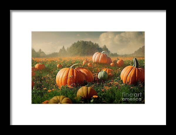 Pumpkin Framed Print featuring the photograph Idyllic autumn scene with field of pumpkins in grass on sunny sk by Jelena Jovanovic