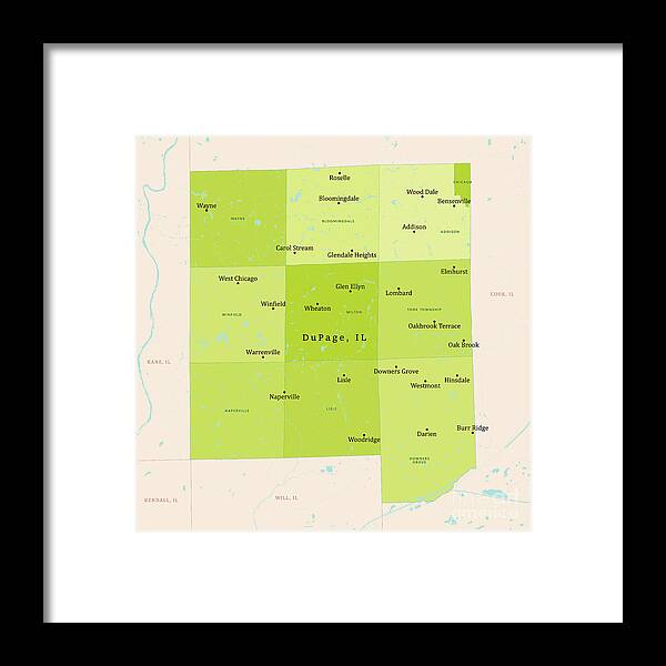 County Framed Print featuring the digital art IL DuPage County Vector Map Green by Frank Ramspott