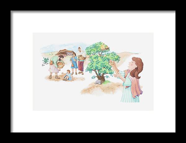 Watercolor Painting Framed Print featuring the drawing Illustration of a bible scene, Exodus 16, Manna and Quail, God provides meat and bread for the starving Israelites in the desert by Dorling Kindersley
