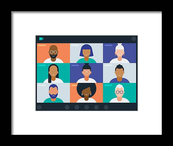 Diversity Framed Print featuring the drawing Illustration of diverse group of friends or colleagues in a video conference by RLT_Images