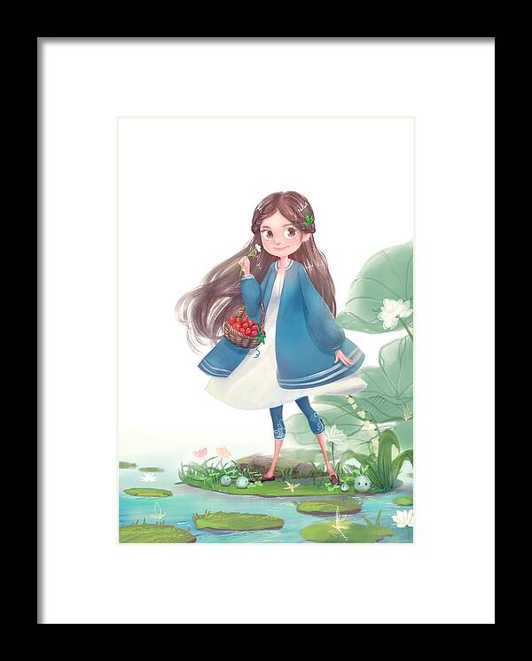 Art Framed Print featuring the drawing Illustration of girl walking near pond with basket of fruit by 500px Asia