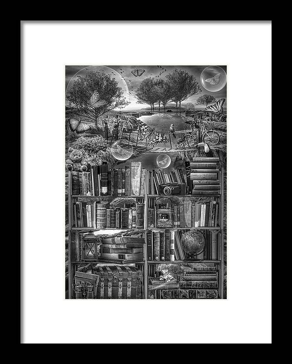 Birds Framed Print featuring the digital art Imagination through Reading Books in Black and White by Debra and Dave Vanderlaan