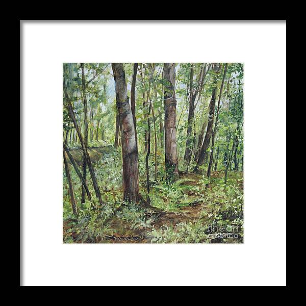 Landscape Framed Print featuring the painting In the Shaded Forest by Laurie Rohner