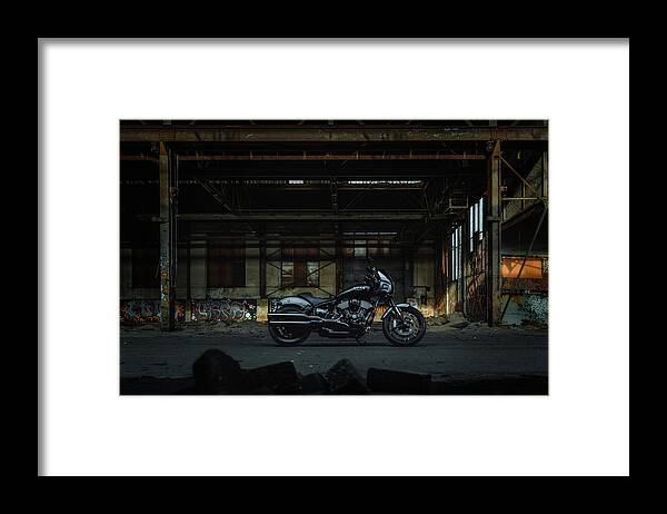 Indian Chief Framed Print featuring the photograph Indian Chief motorcycle in an old industrial building by Patrick Van Os